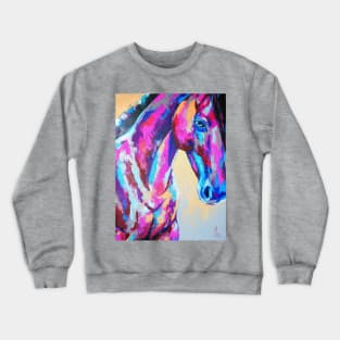 Oil horse portrait painting in multicolored tones. Crewneck Sweatshirt